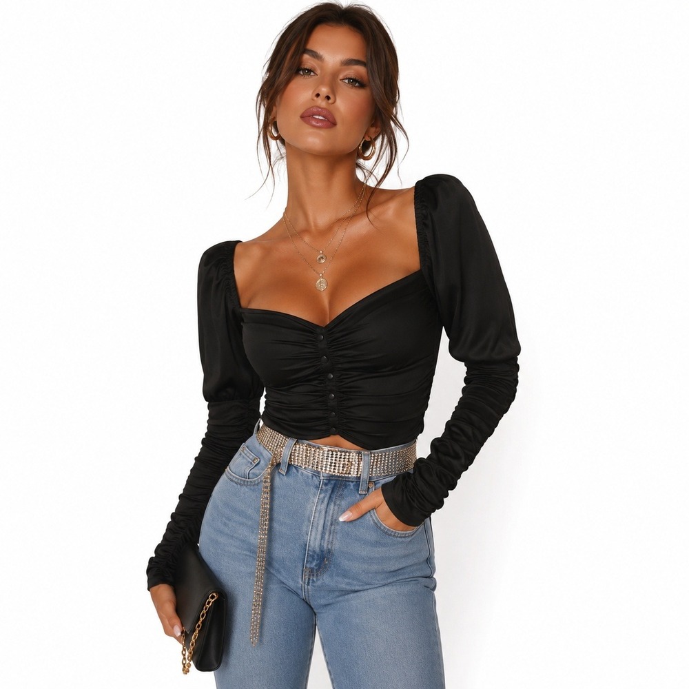 NWT Womens Ruched Satin Sweetheart Crop Top Solid Black Romantic Chic Size S